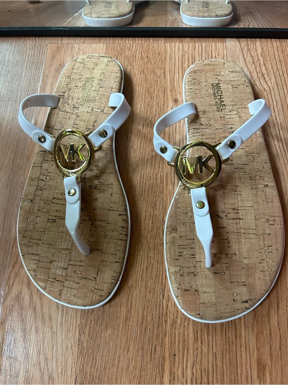 Michael Kors White and Gold MK Logo Cork Thong Sandals